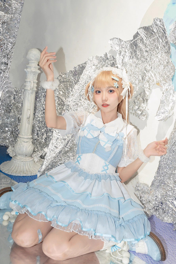 Blue/White Cotton Cloud Lapel Collar Ruffle Ribbon Lace-Up Girly Lolita JSK Dress