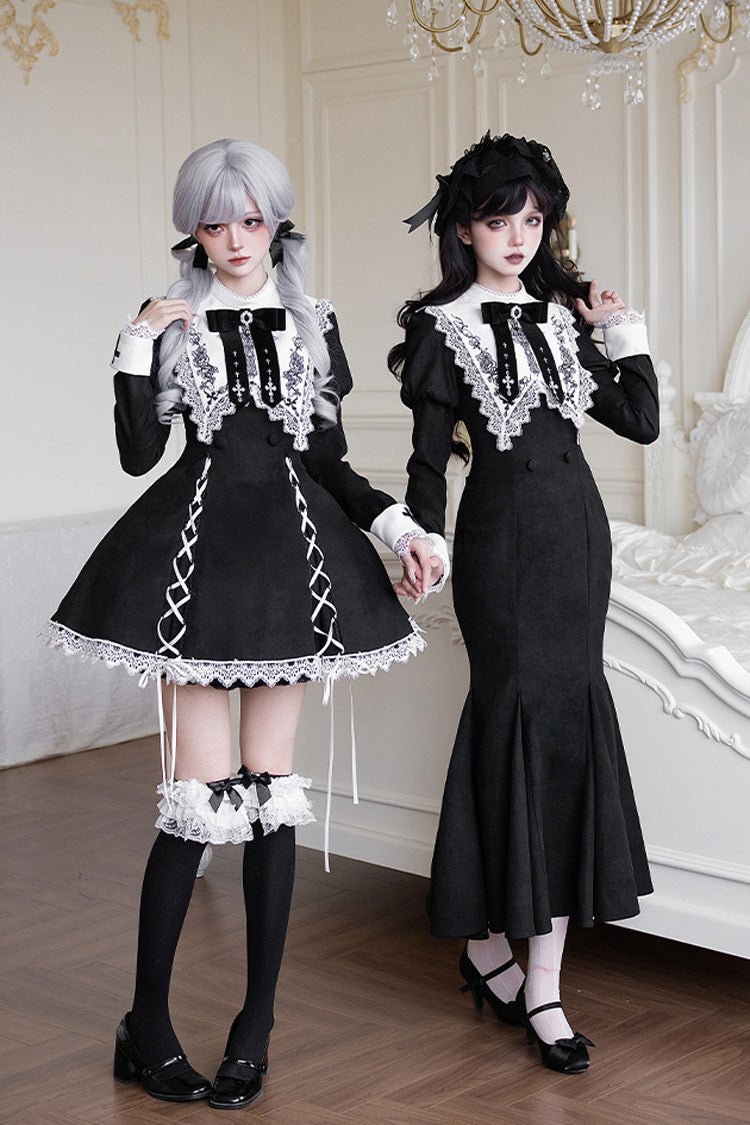 Rose Doll Square Collar Lace-Up Gothic Lolita Dress Set with Bow
