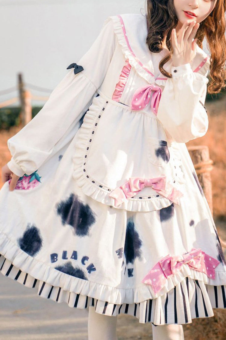 Cow Print Sweet Lolita OP Dress with Stitching and Bow Accents