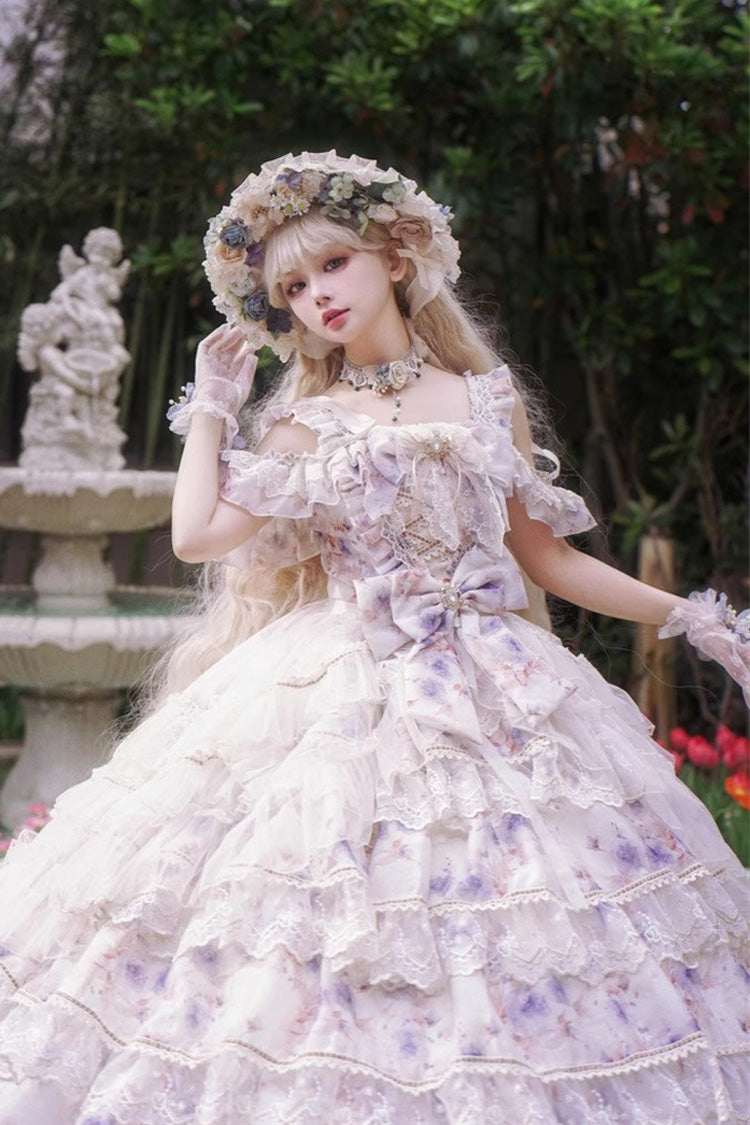 Rose Letter Off Shoulder Triple-Layered Print Ruffle Hanayome Princess Lolita Dress in Blue