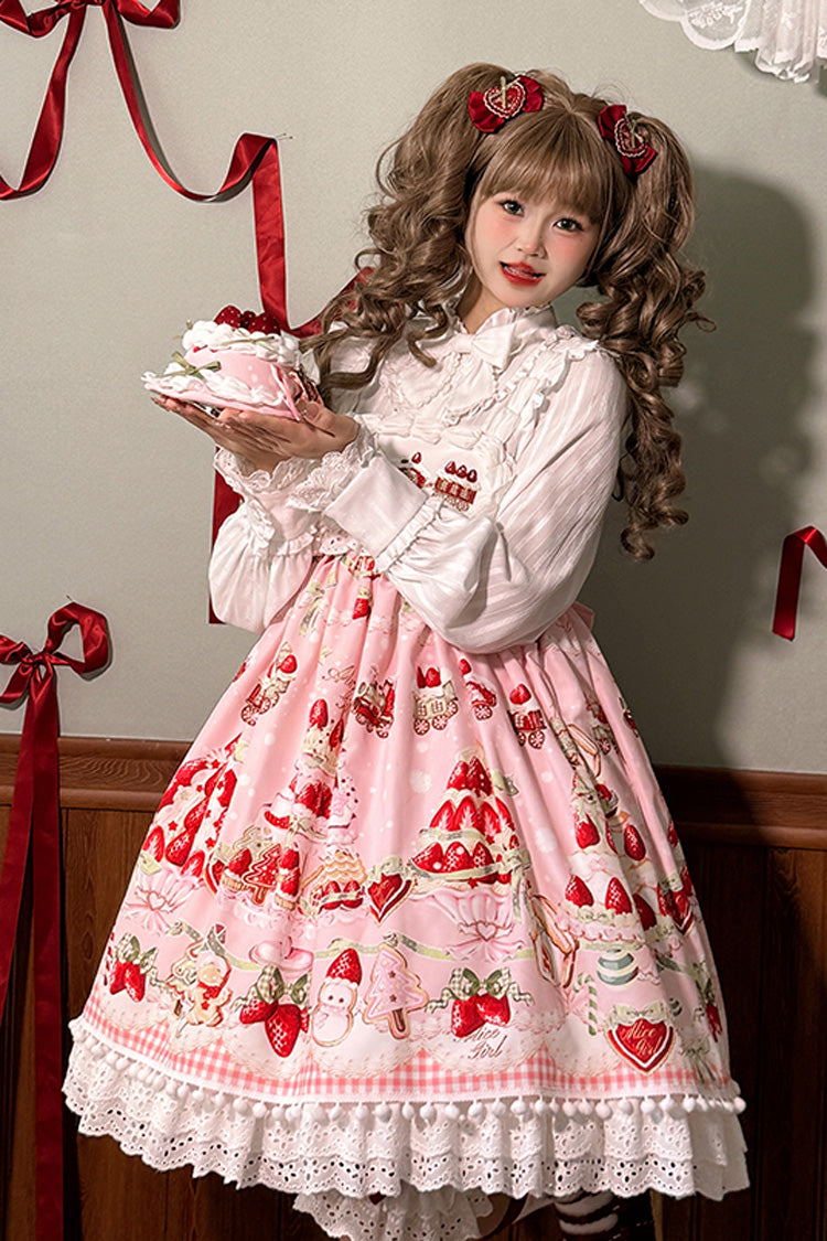 Mint Strawberry Dessert Printed High-Waisted Sweet Lolita JSK Dress - Ruffled
