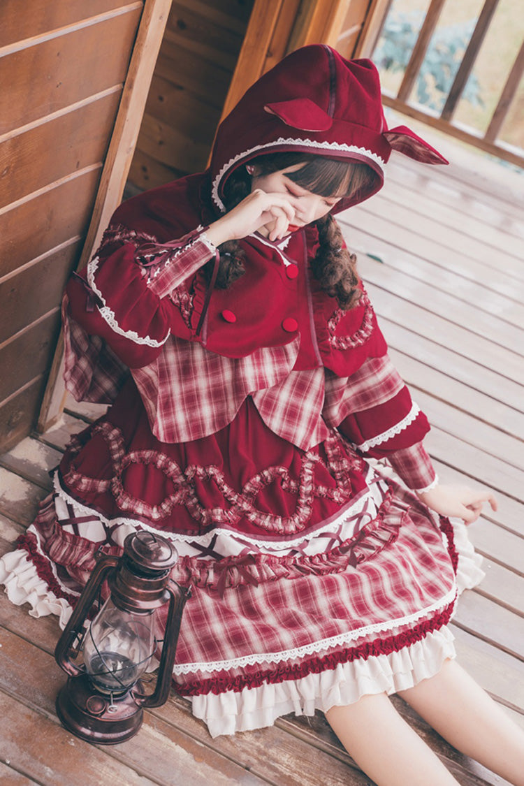 Red Retro Sweet Lolita OP Dress with Plaid, Lantern Sleeves and Ruffles - Altfashion Shop