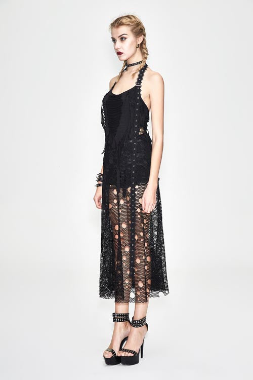 Broken Holes Mesh Peplum Halter Punk Dress