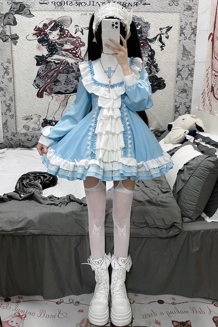 White/Blue Long Sleeves Cross Print Nun Style Ruffle Multi-Layer Sweet Lolita Dress