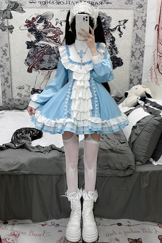 White/Blue Long Sleeves Cross Print Nun Style Ruffle Multi-Layer Sweet Lolita Dress