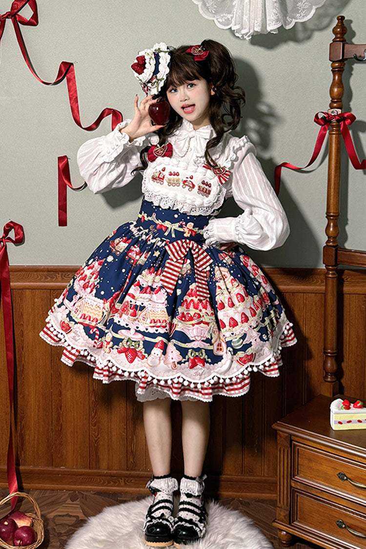 Mint Strawberry Dessert Printed Natural Waist Sweet Lolita JSK Dress - Ruffled