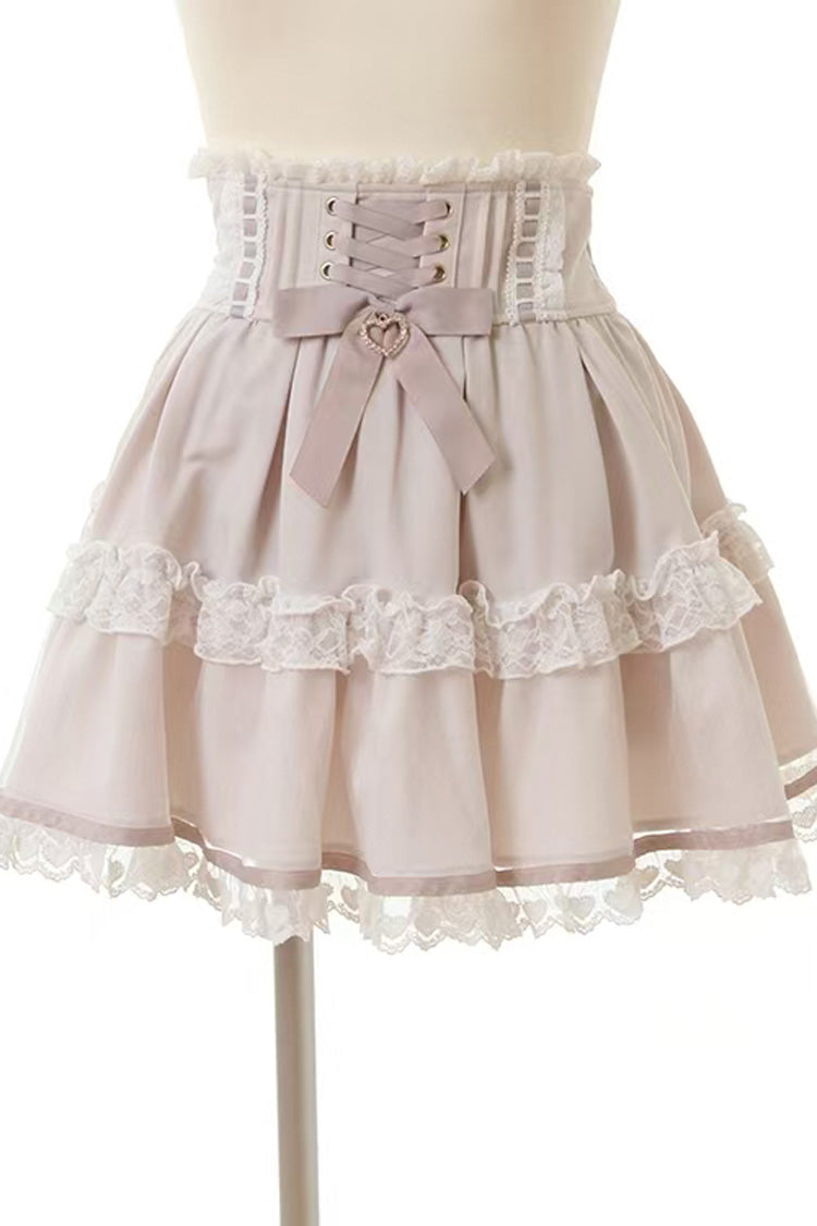 Cute Square-Neck Bow-Trimmed Short-Sleeve Lace Dress Set in Three Colors