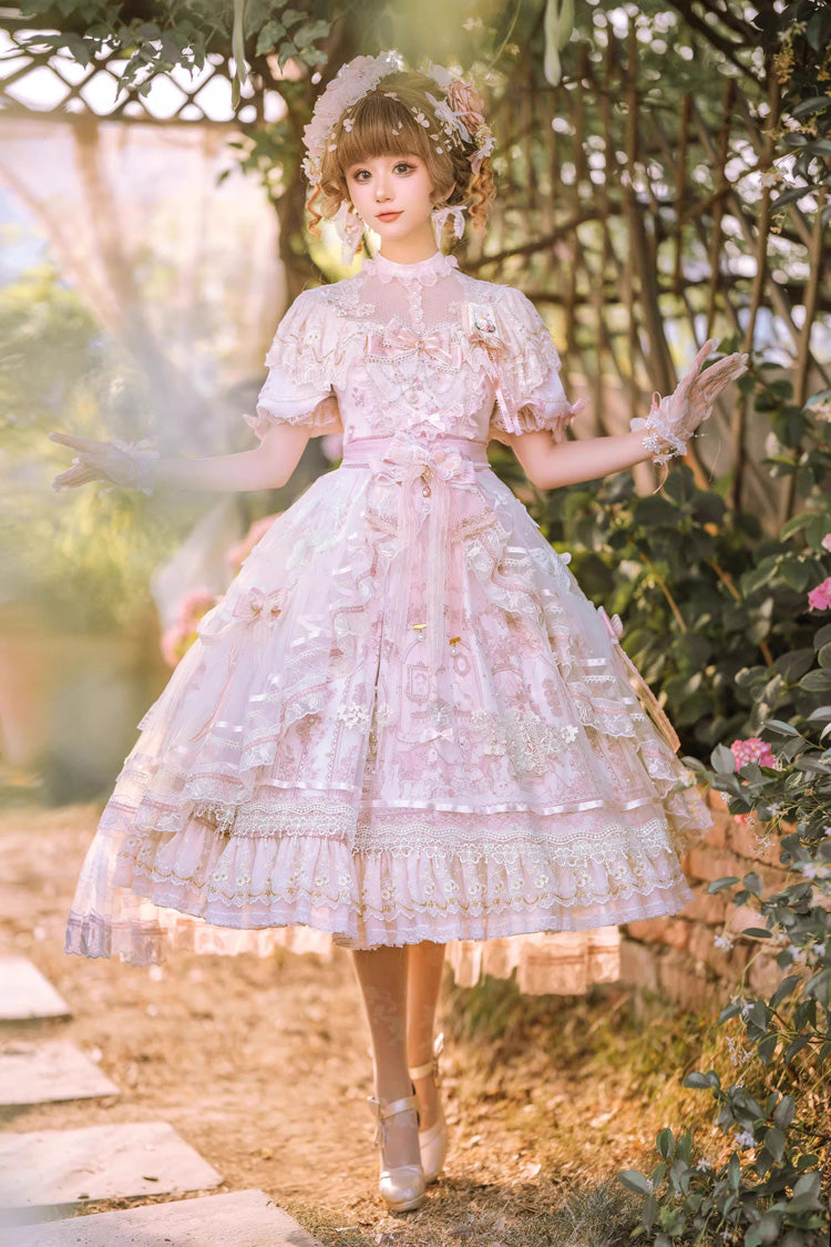 Ivory and Pink Sunset Realm Short Sleeve Printed Ruffled Hanayome Bow Lace Gorgeous Sweet Lolita Dress Set