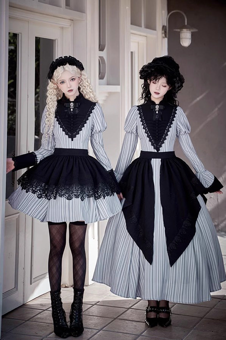 Grey Vertical-Stripe Bow Lace Gothic Gown