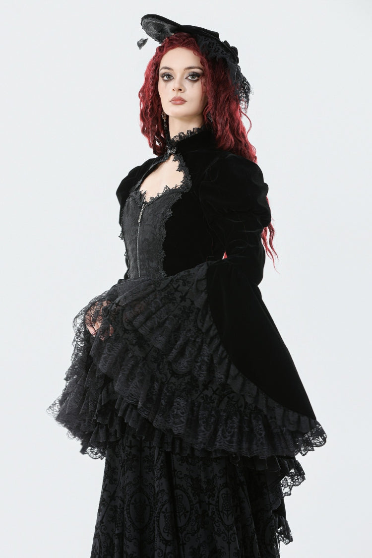 Jet-Black Gothic Coatlet with Layered Ruffles and High-Low Hem for Women