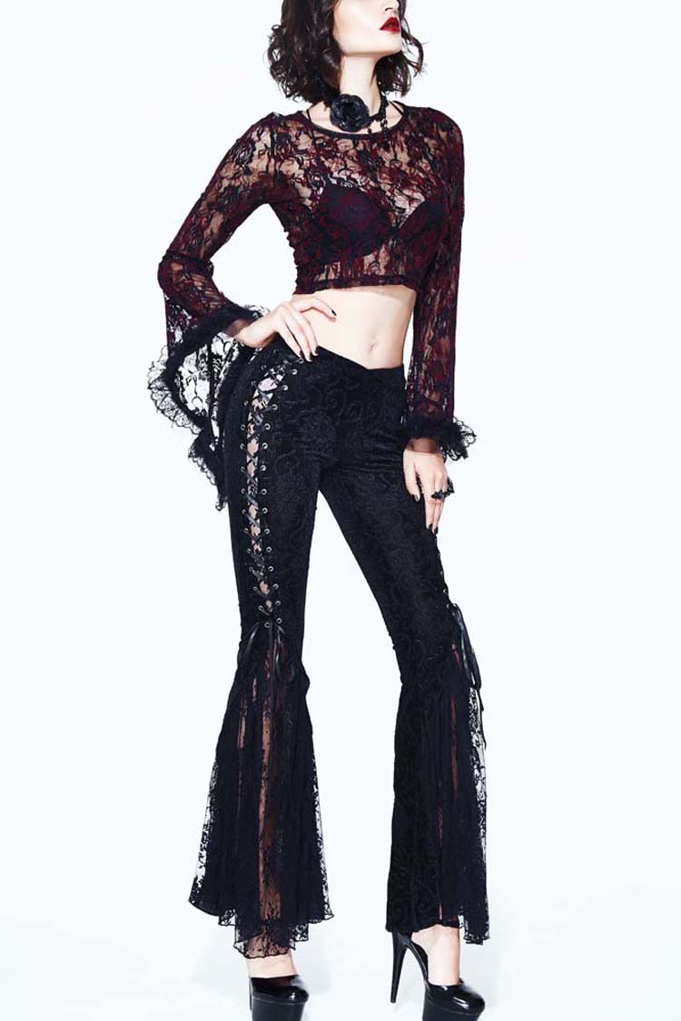 Lace-Up Flared Velveteen Gothic Pants with Pattern