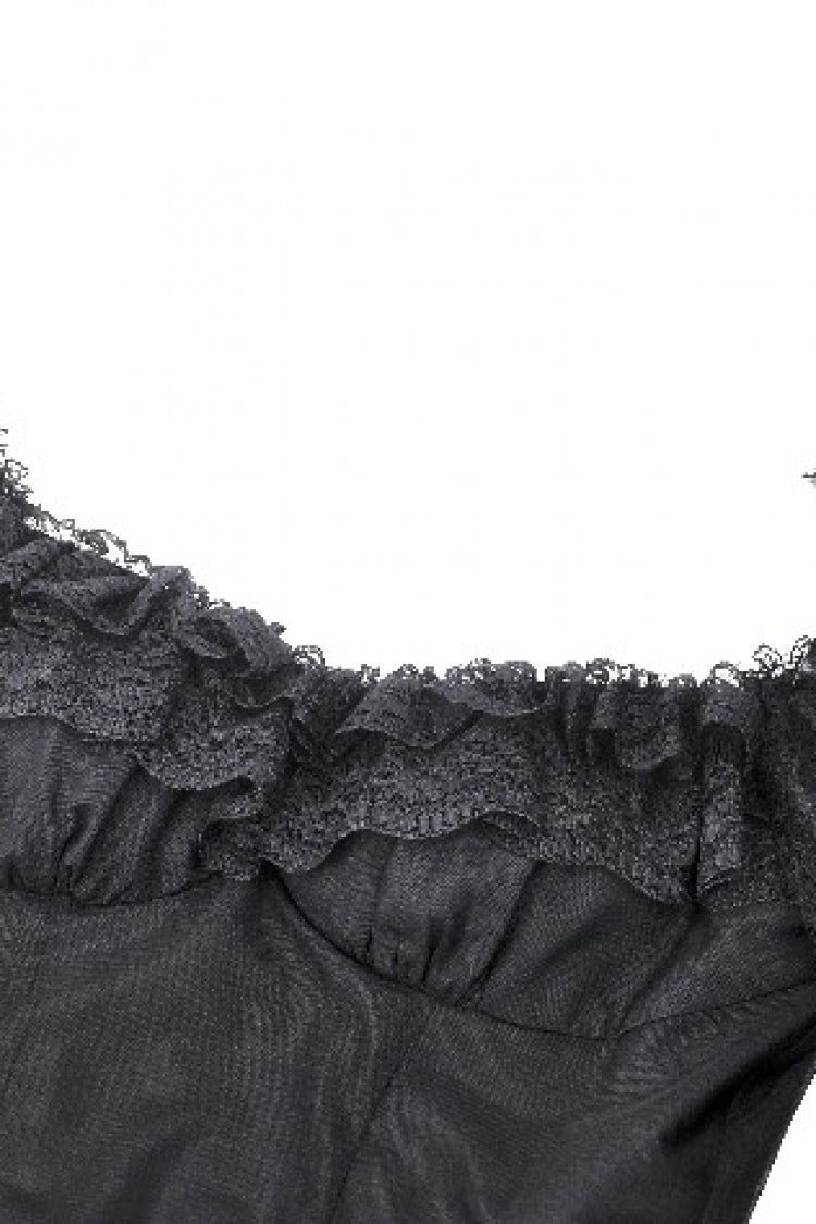 Elegant Gothic Off-Shoulder Tulle Gown with Lace Trim and Flared Sleeves