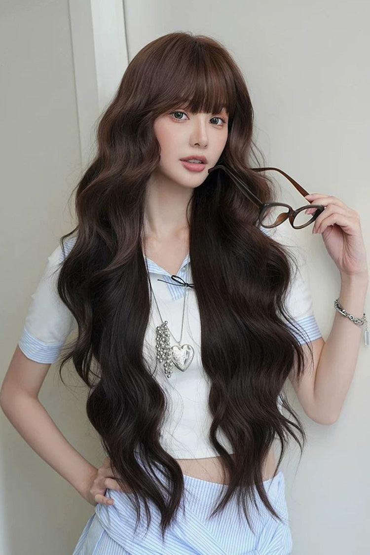 Chestnut Brown Ombre Long Wavy Wig with Air Bangs