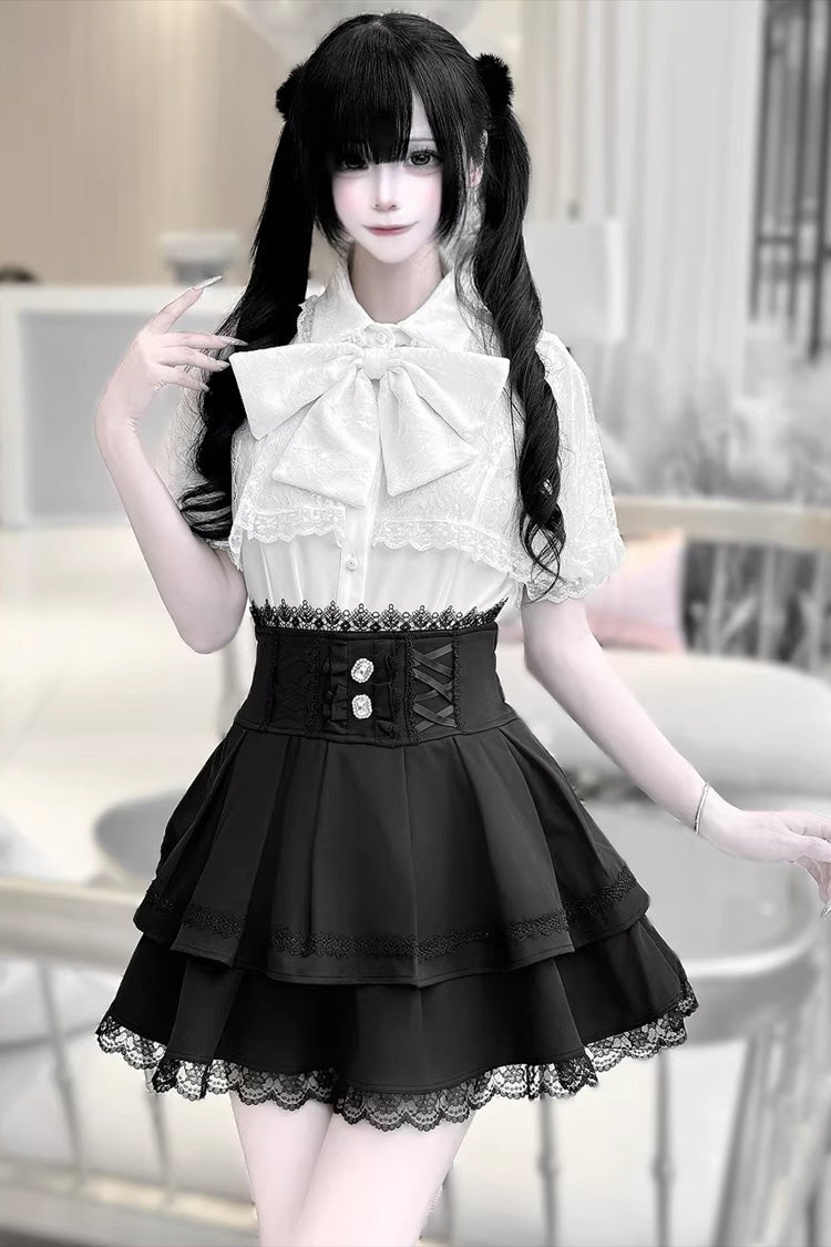 Dark Moon Shadow Double Layered Ruffled Embroidered Lace Up Gothic Lolita Set