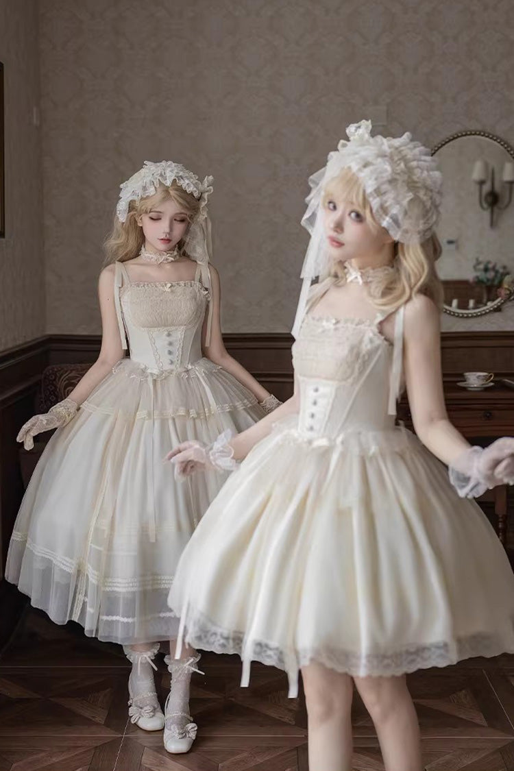 Cream Letters Poems Confession Square Collar Sleeveless Frilled Bow Lace Fishbone Sweet Lolita JSK Dress Two Variants