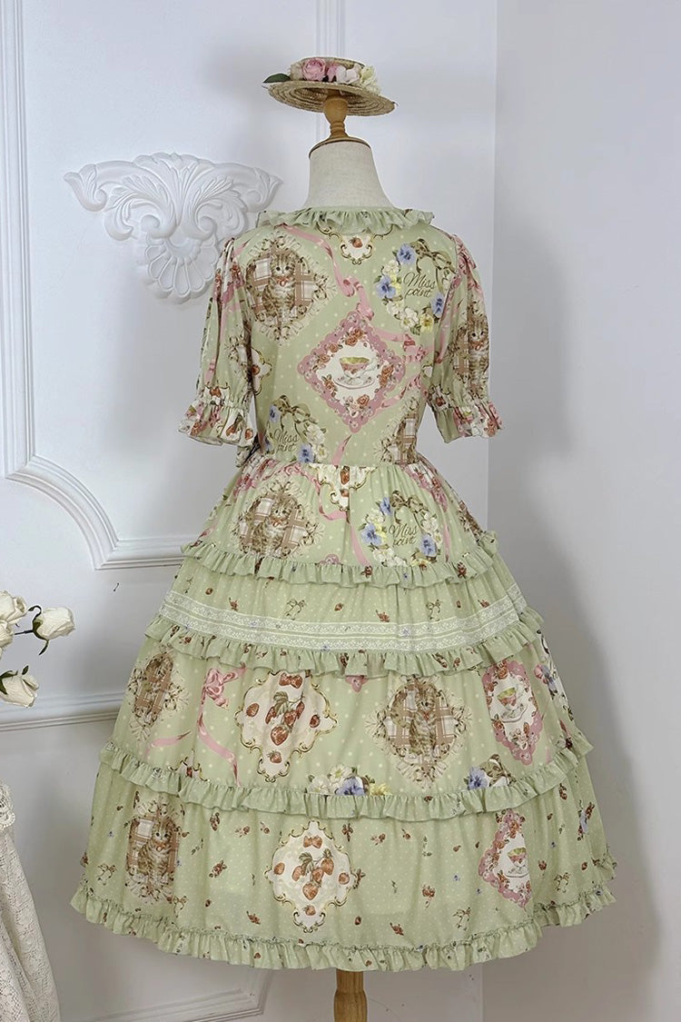 Green Short Sleeve Print Ruffle Cardigan Daily Sweet Dress