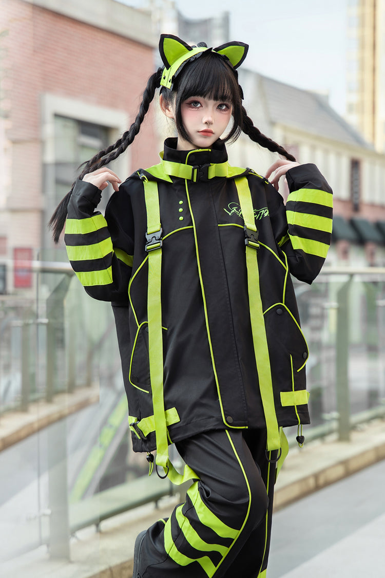 Yellow/Green/Black Long Sleeve Cat Ear Hooded Jirai Kei Coat