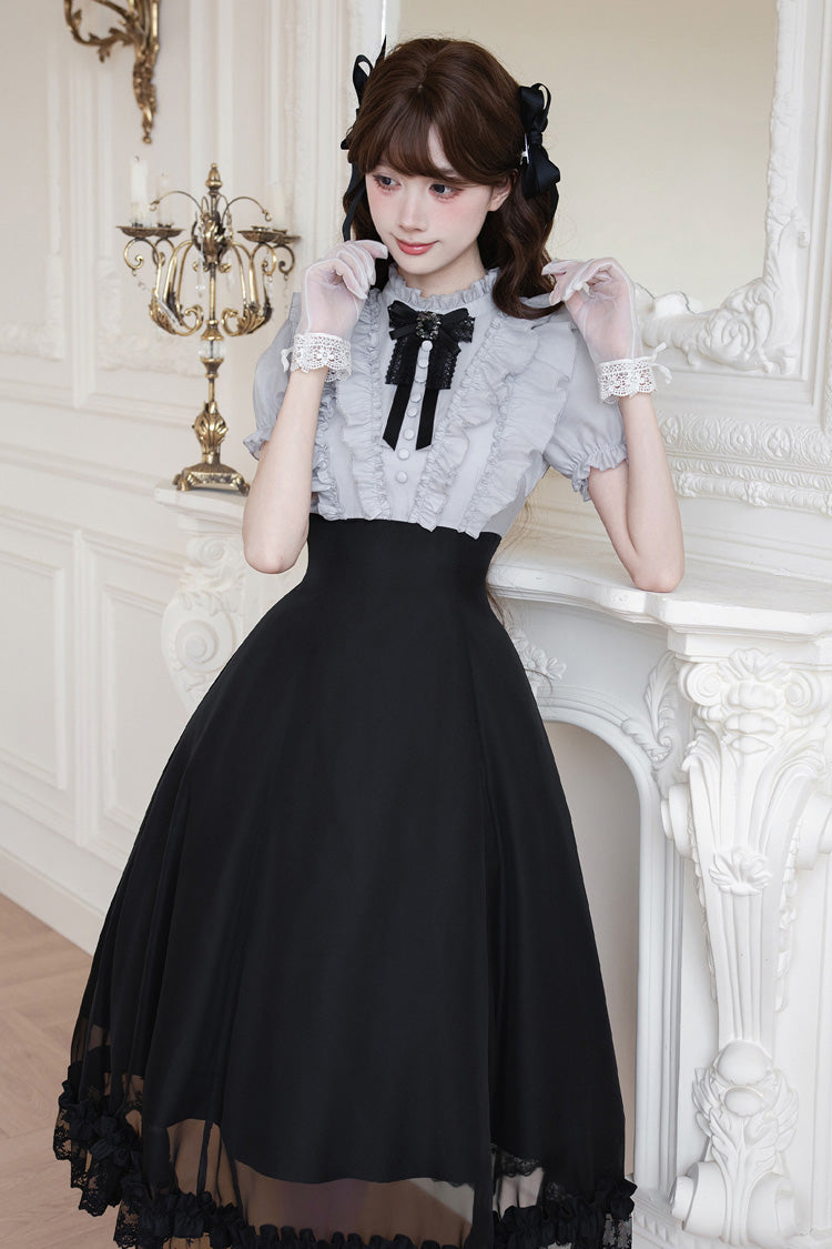 Miss Lola Snow Kiss Stand Collar Short Puff Sleeves Ruffled Color-Blocked Faux Two-Piece Sweet Lolita Long Dress 3 Colors - Black