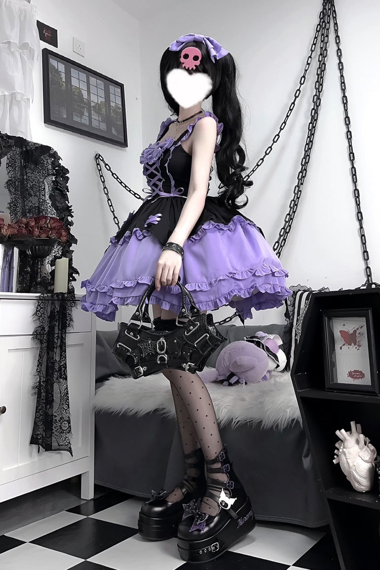 Black Purple Halloween Little Witch Sleeveless Double-Layered Ruffle Lace-Up Gothic Lolita Jsk Dress