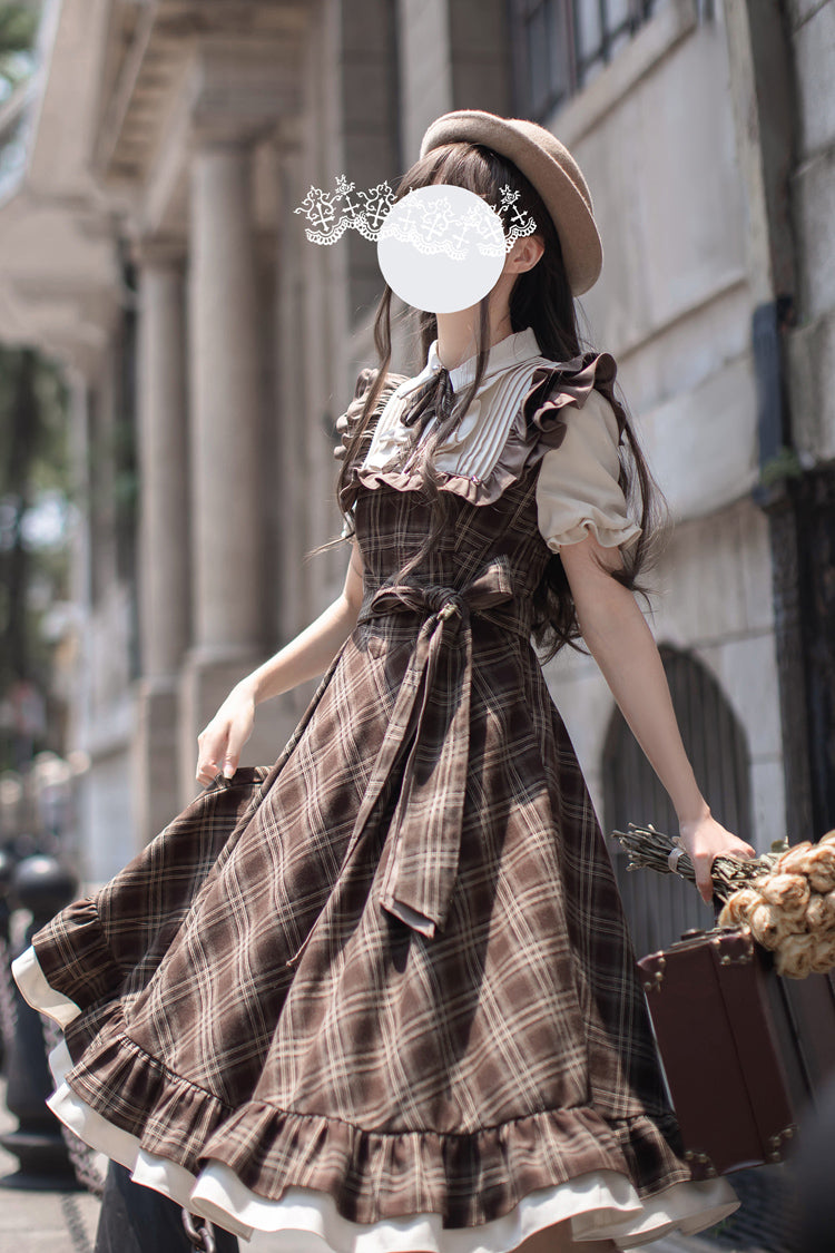 Brown Thames at Dusk Print Dress with Ruffled Bow and Short Sleeves
