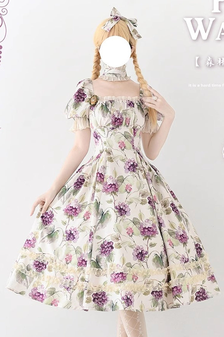 Forest Basket Printed Ruffled Lace Sweet Elegant Dress