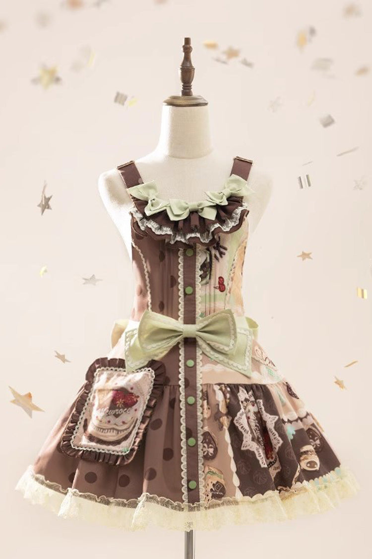Brown Cake Chocolate Dessert Printed Ruffled Bow Sweet Lolita Strap Dress