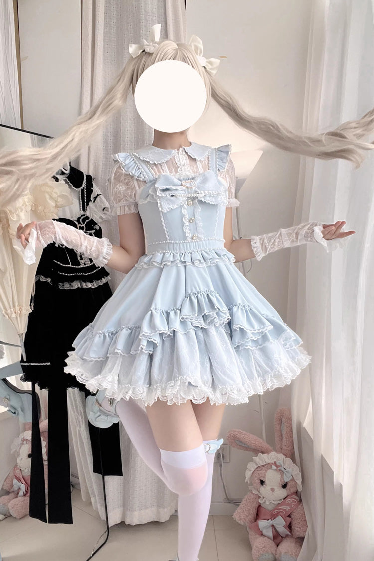 Light Blue Double-Layer Ruffle Bow Lace Sweet Jirai Kei Dress Set