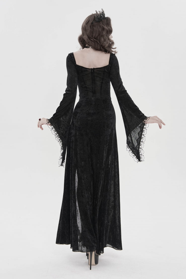 Dramatic Black Hanayome Lace Lace-Up Chain-Decorated Trumpet Sleeve Halter Gothic Plunging Split Maxi Gown