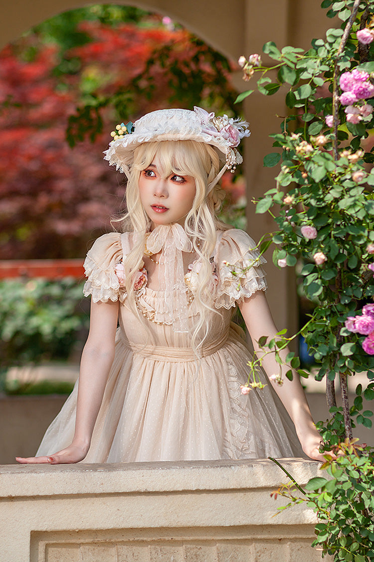 Apricot Elegant Lolita Dress with Polka Dot Print Ruffles Bowknot and Asymmetric Sweet Style