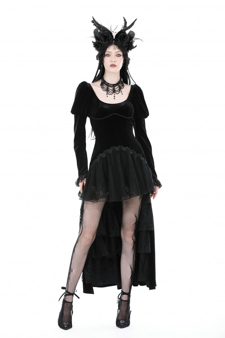 Ink Crewneck Long Puff-Sleeve Lace Hem High-Low Velvet Gothic Wedding Dress for Women