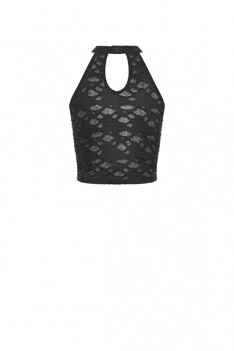 Gritty Black Eyelet Lace-Up Ripped Halter Punk Tank Top