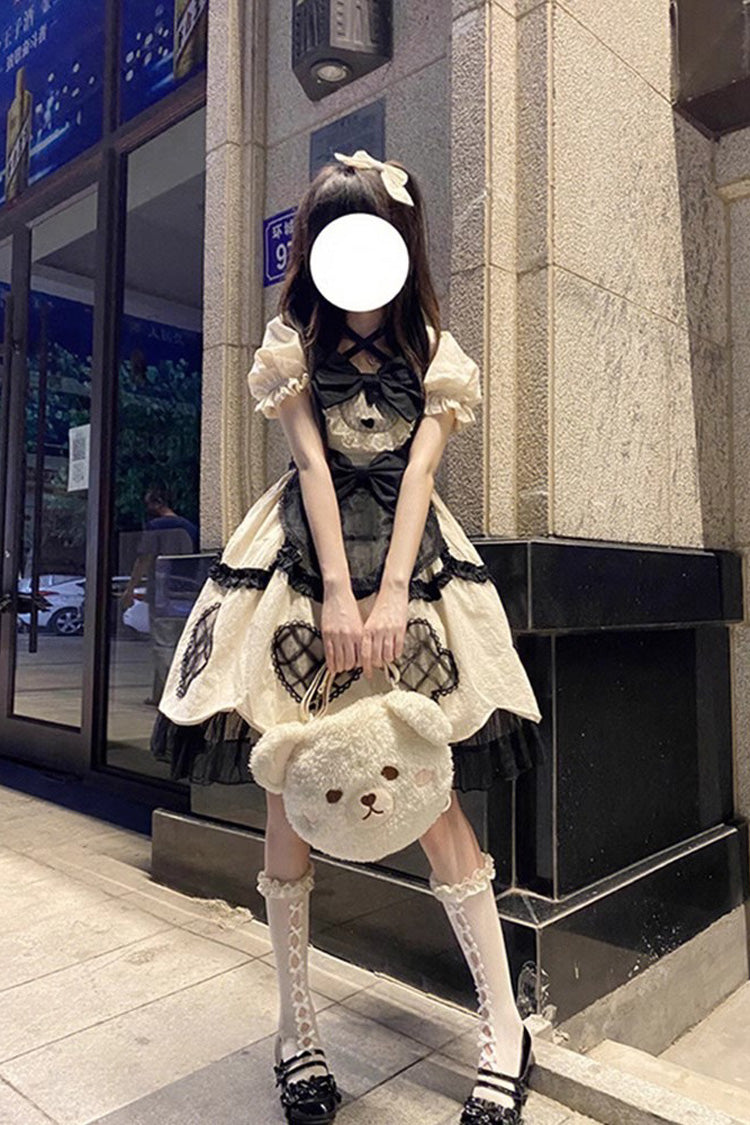 Ivory Short Sleeve Multi-Layer Ruffled Bow Sweet Princess Lolita Gown