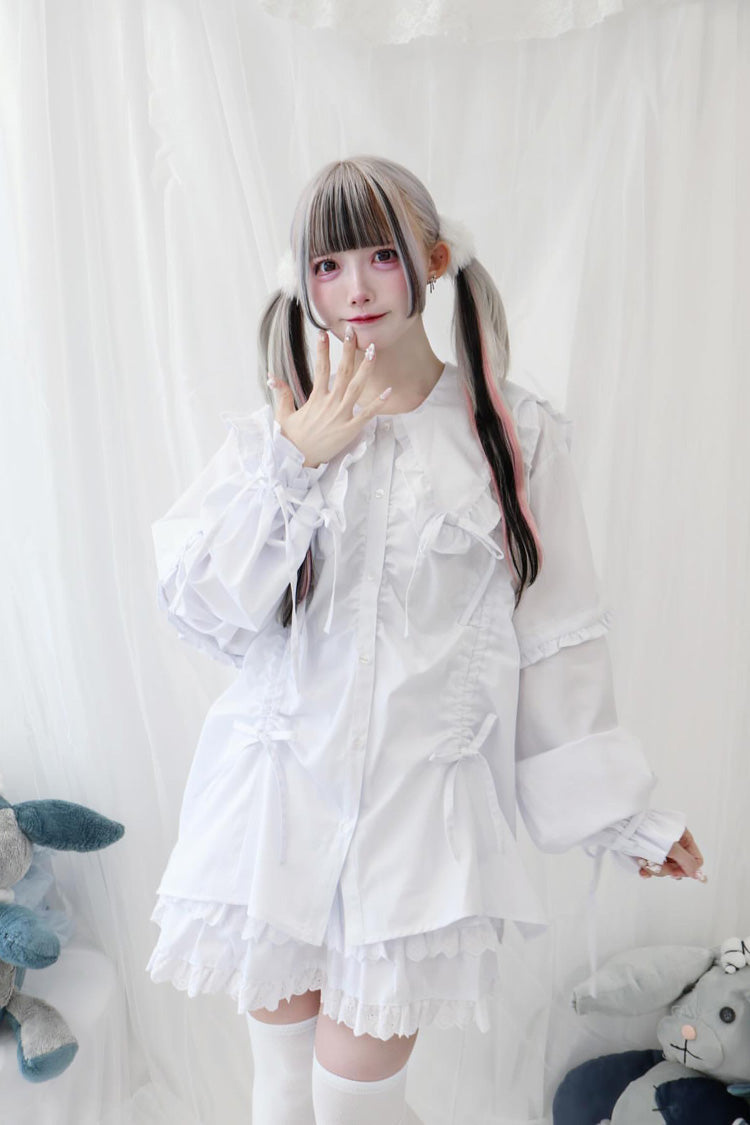 Japanese Blouse with Doll Collar, Long Sleeves, Ruffles, and Bow, 3 Colors