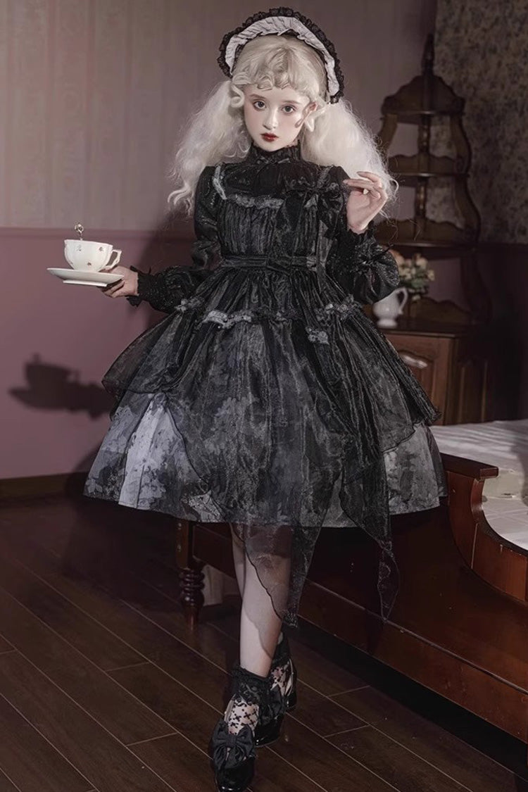 Black Mandarin Collar High-Waist Dead Leaf Print Tulle Gothic Lolita JSK