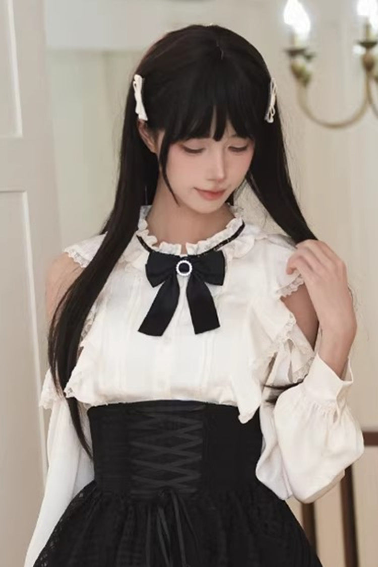 Black and White Round-Collar Cut-Out Bow Lace-Up Elegant Skirt Set
