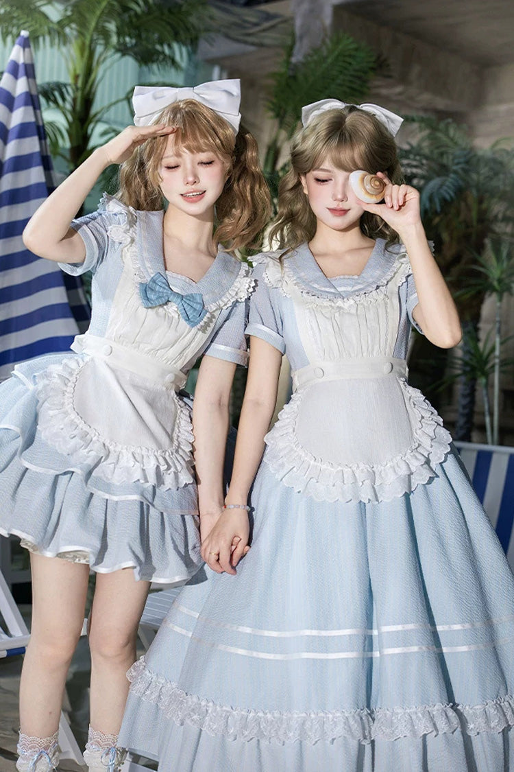 Sweet Lolita Dress with Printed Ruffled Bow and Navy Collar - Blue