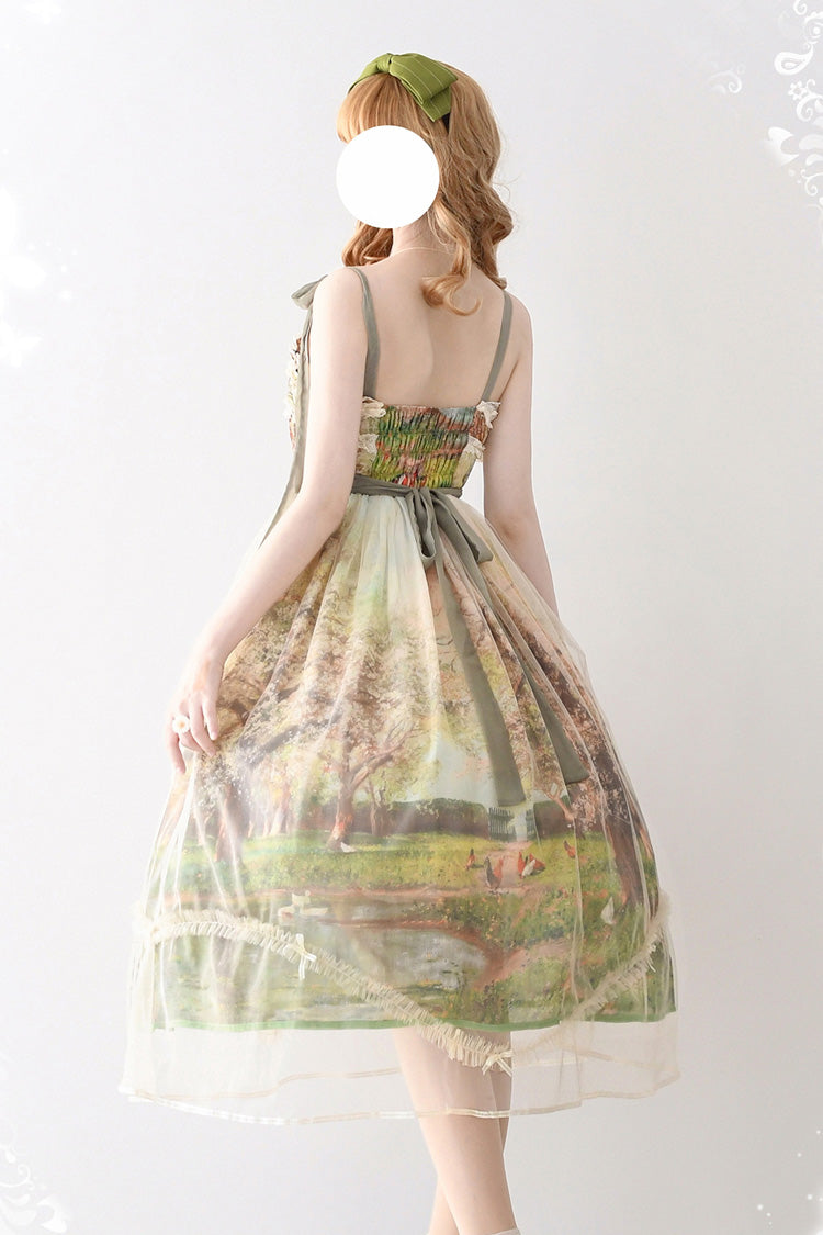 Green Oil Painting Spring Sleeveless Print Ruffle Bow Lace Sweet Jsk Dress