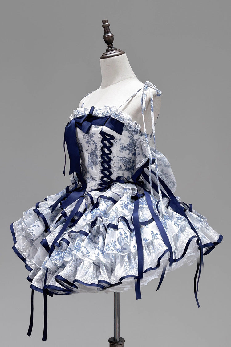 Cerulean and Ivory Sleeveless Multi-Layer Bow Print Chinese Classic Sweet Lolita JSK Short Dress