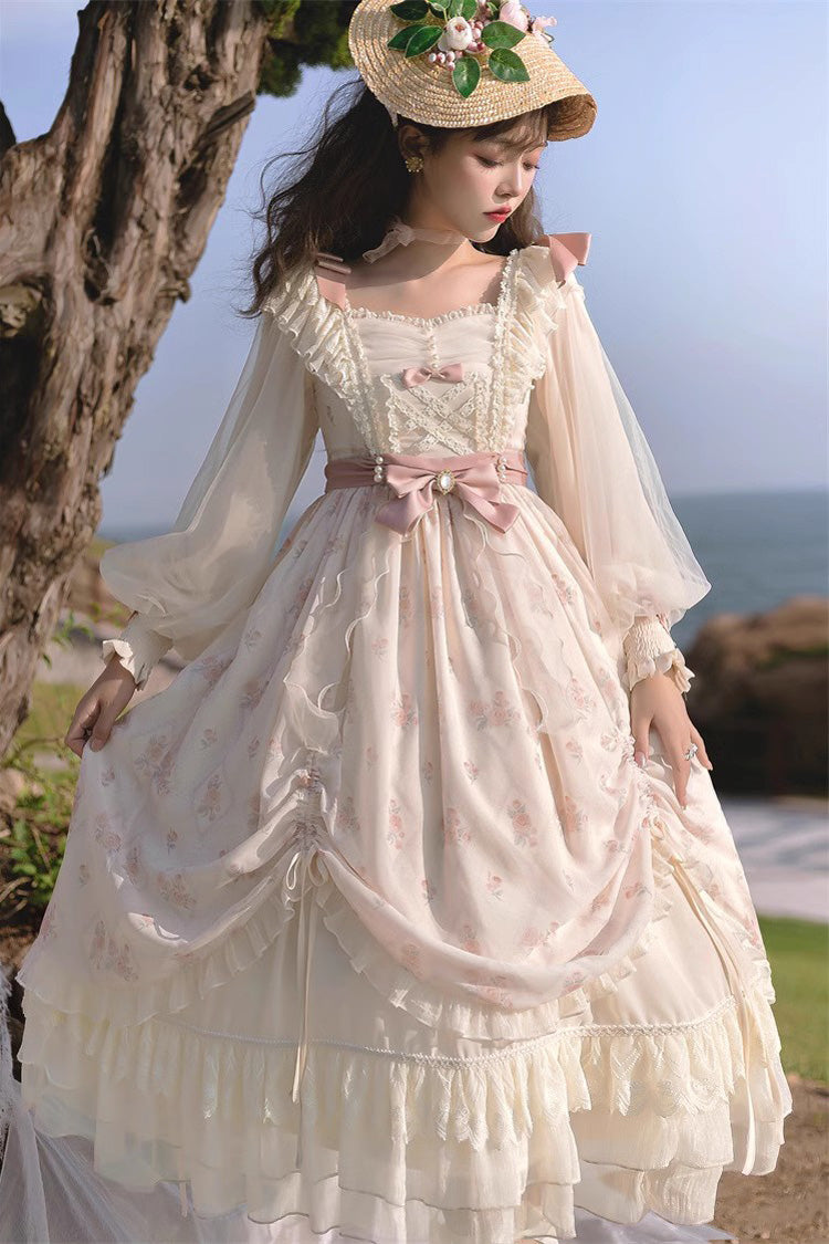 Ivory Letter Print Ruffle Bowknot Casual Elegant Lolita Dress