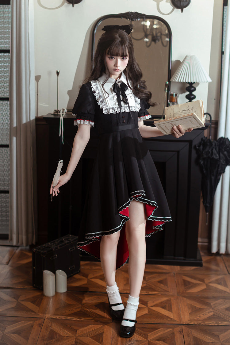 Rosalind Lapel Collar Short-Sleeve Bow Lace Gothic Maid Lolita Dress