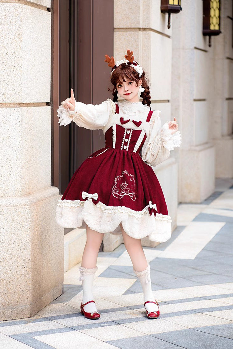 Autumn Winter Lolita JSK with Deer Print & Bowknot Embroidery
