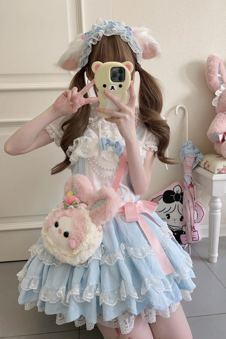 Azure Rabbit-Embroidered Sweet JSK with Double Ruffles