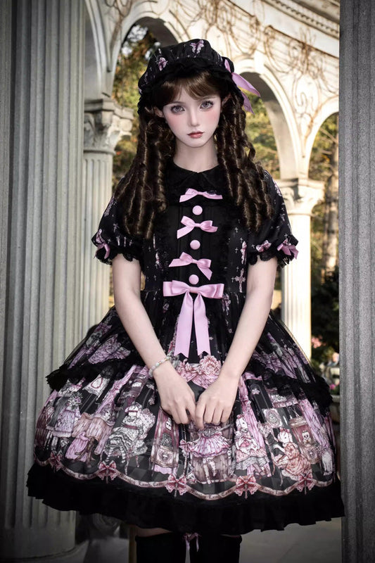 Black Missing Lamb Printed Long Sleeved Ruffled Bow Lace Gothic Lolita Dress