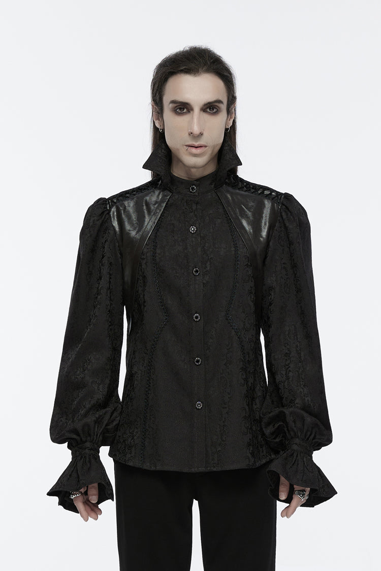 Jet-Black Gothic Blouse with Puffed Sleeves and Lace-Up Front for Men