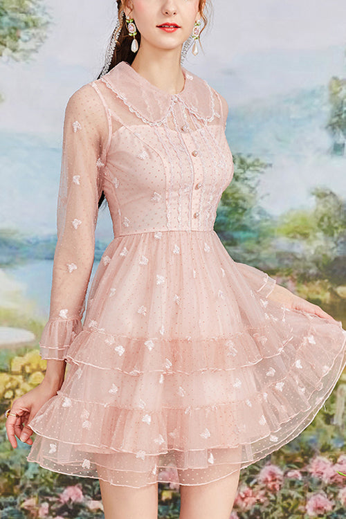 Blush Vintage French Doll Neckline Ruffle Long Sleeve Mesh Embroidered Sweet Lolita One-Piece