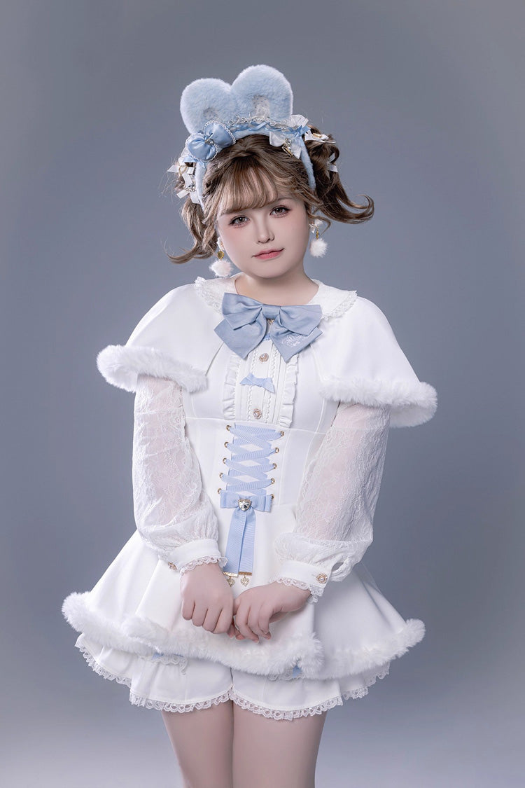 Ivory Ruffled Bow Lace-Up Jirai Dress with Plush Shorts