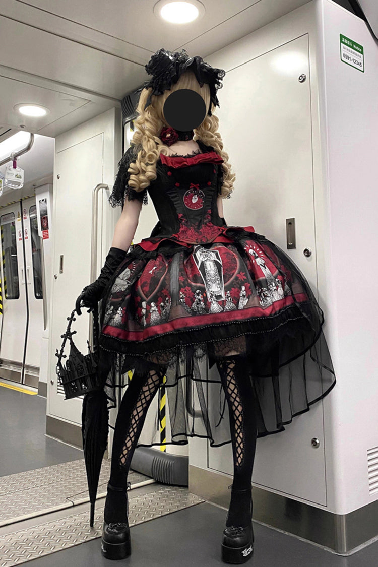Red Printed Embroidered Gothic Lolita Skirt Dress