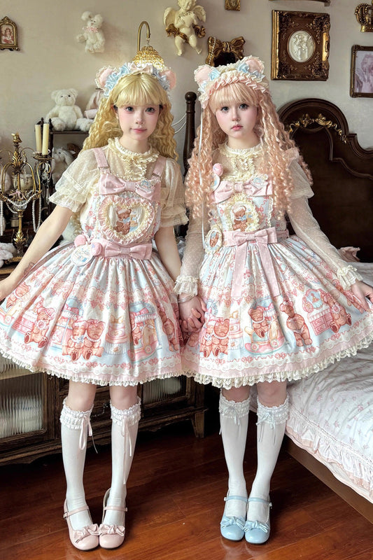 Bear Anniversary Celebration Sleeveless Printed Ruffled Bow Sweet Lolita Jumper Dress Two Colors