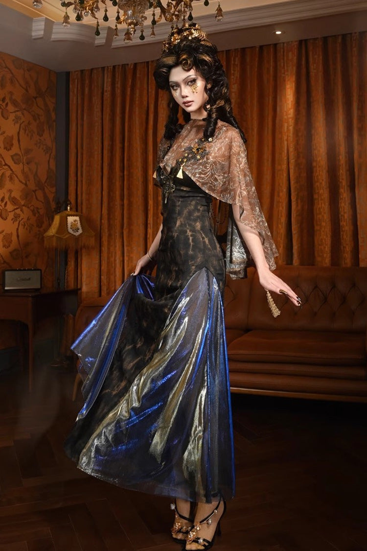 Black Gilded European V-Neck Sleeveless Print Lace Ruffle Slim Gothic JSK Dress