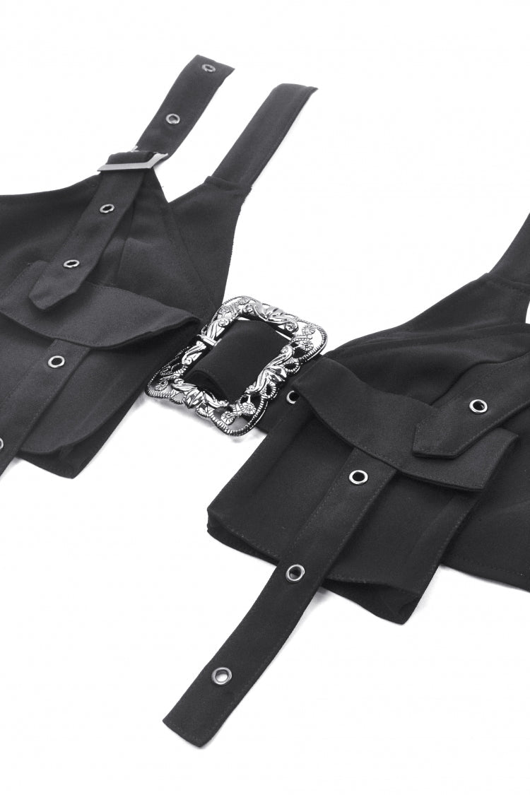 Functional Black Buckled Halter Punk Utility Vest